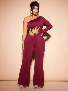 Cravure Plus Size Women Knitted Elegant One-Shoulder Long Sleeve Jumpsuit With Gold Applique, Burgundy - Burgundy - View 7