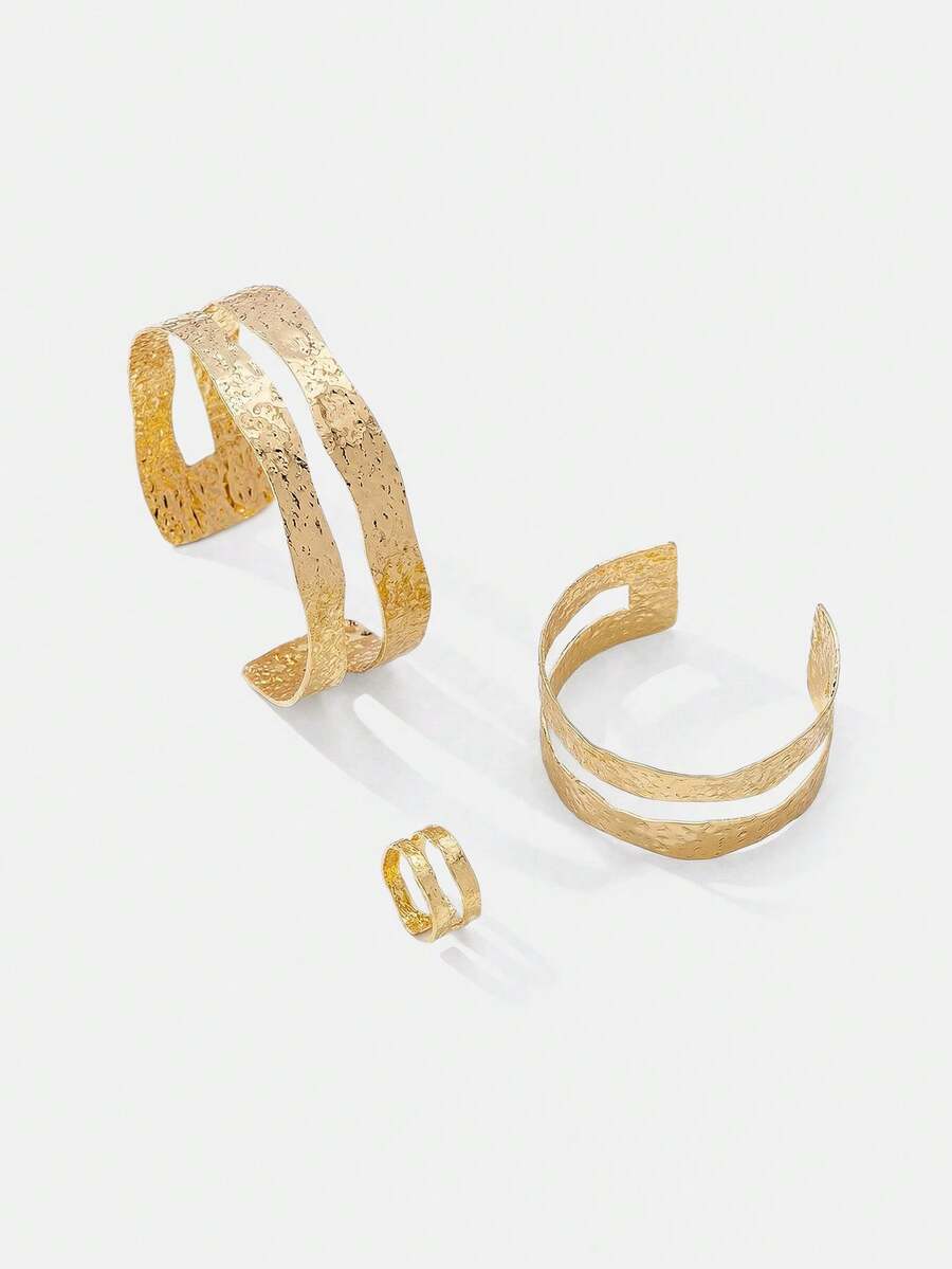 Lumivelle 1set European & American Fashion Hollow Asymmetrical Shape Bangle Bracelet And Ring Set For Women - Gold - View 1