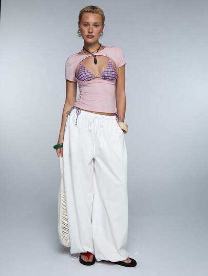 COUREZ Parachute Pants With Pintuck Detail /Y2K Spring Clothes For Women White Trousers For Women Cute Going Out Outfits Music Festival Outfits Beachwear Vacation Outfits Summer Holiday Outfits