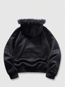 ROMWE MEN Casual 男士秋冬刺绣拉链连帽卫衣，带毛领和长袖上衣 - 黑色 - 查看 2