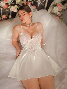 DelicateAllure Women's White Lace Bow Decor Sexy Dress, Pleated Design Innocent Girl Comfortable Nightgown Bride Getting Ready Outfit Bridal Getting Ready Outfit Bride Robe Set Bridal Robe Set Lingerie For Women Nighty - White - View 4