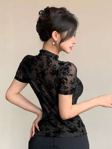 DAZY Women's Sheer Lace Round Neck Fitted Short Sleeve T-Shirt - Black - View 3