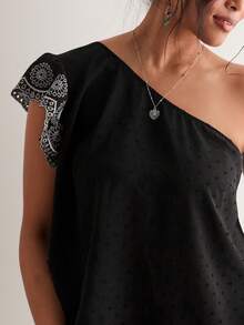 SHEIN VCAY 大码休闲无袖刺绣边饰衬衫 - 黑色 - 查看 7