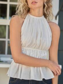 Freevana 女士褶皱挂脖系带露背吊带背心 - 米色 - 查看 6