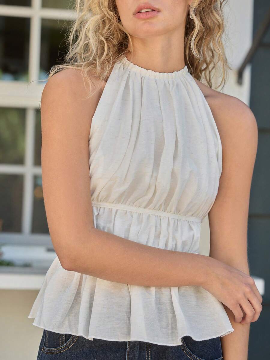 Freevana Top sin espalda con cuello de halter y cintura anudada con pliegues para mujer - Beis - Ver 1