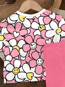 SHEIN 2 Stücke Baby Mädchen Casual Süßes Blumenmuster Set, cremefarbenes rosa Rundhals Kurzarm T-Shirt und rote Leggings, geeignet für Frühling/Sommer, Alltagstragen, Urlaub, Y2K Stil - Verschiedenfarbig - Übersicht 4