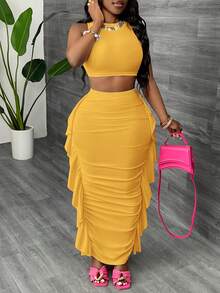 Slaydiva Mustard Yellow Summer Seksi Chic Party Night Women's 2-Piece Set,Round Neck Sleeveless Backless Crop Top & Ruffle Hem Long Skirt Solid Color Knit - Yellow - View 6