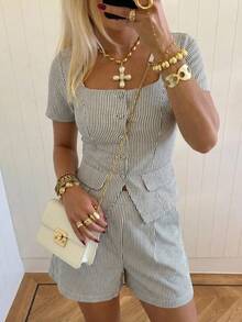 SHEIN EZwear 蓝色条纹梭织女式单排扣短袖衬衫和短裤套装 - 藍白色 - 查看 7