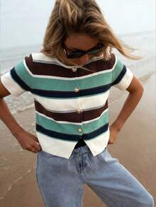 Serisse Women's Casual Colorblock Striped Short Sleeve Thin Cardigan, Spring/SummerAsymmetric - Multicolor - View 8