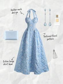 Franclia Đầm chữ A thanh lịch, tinh tế, lãng mạn dành cho nữ, kiểu cổ yếm buộc dây, chất liệu jacquard, màu xanh nhạt, thích hợp cho mùa xuân/hè. - Màu xanh lam - Xem 4