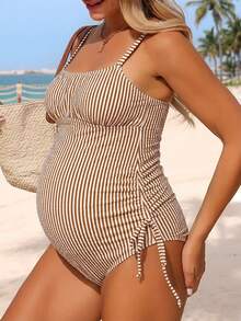 Swim Vcay 26SS 夏季海滩度假蓝白条纹基本款舒适孕妇泳衣套装 - 棕色 - 查看 4