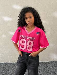 Camiseta corta casual de punto con cuello en V y gráfico numérico para niña preadolescente - Rosa - Ver 1