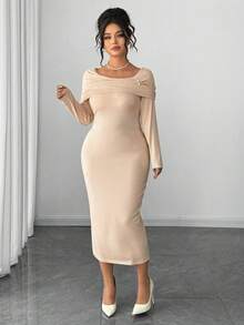 Elenzga 大码女士优雅通勤简约日常约会派对纹理高弹针织修身长裙 - 米色 - 查看 6