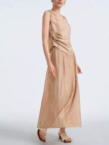 Aalyst Women's Textured Fabric Casual Tank Top And Skirt 2 Pieces Set - Apricot - View 7