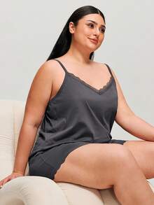 LUVLETTE Plus Size Summer Women Dark Gray Soft 100% Pure Cotton Pajamas Sets Lace Cami & Shorts PJ Set Lounge Set Lingerie Pajama Sets For Women Curvy Talla Grande PyjamaMatching Sets Cotton Pajamas - Grey - View 4