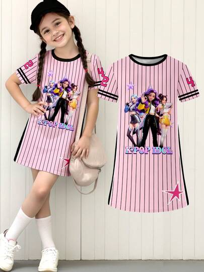 Tween Girl Group Digital Print, Pink Sports Stripe Style Print Girls & Juniors Short Sleeve T-Shirt Dress, Fashionable Casual, Suitable For Spring/Summer