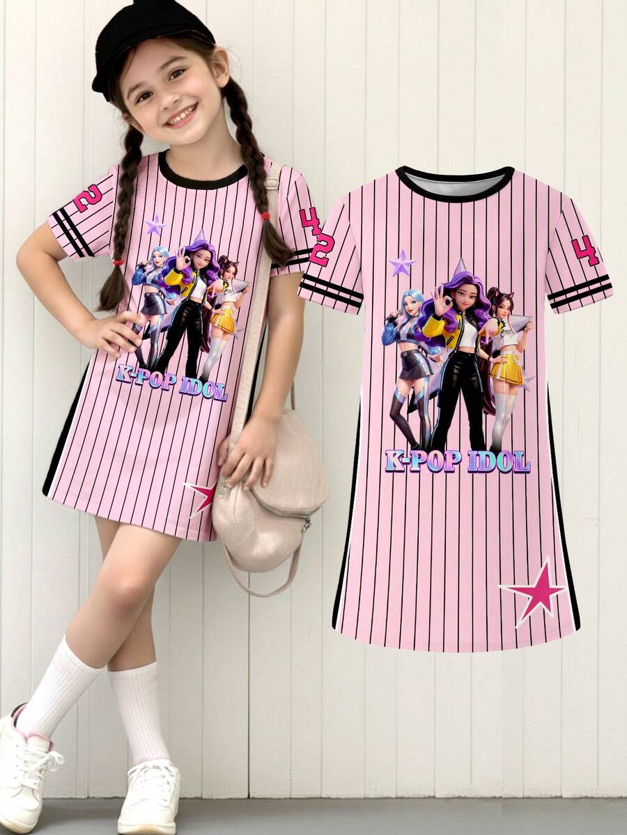 少女团体数码印花,粉色运动条纹风格印花短袖T恤裙,时尚休闲,适合春夏穿着 - 紫色 - 查看 1