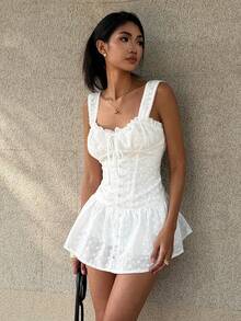 FavEase Đầm midi nữ kiểu dáng retro ngọt ngào, chất liệu jacquard phối ren, thắt eo, thích hợp cho kỳ nghỉ. - trắng - Xem 6