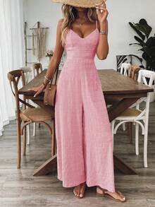 Breezaya Bộ jumpsuit nữ cổ chữ V hở lưng thắt nơ, màu đỏ hồng, thích hợp cho mùa xuân/hè. - Hồng - Xem 6