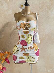 body con mini de mujer con textura de punto blanco para vacaciones, sin tirantes, con escote calado, fruncido, con decoración de estrella de mar metálica, sexy para fiesta, cita, playa, resort de verano - Multicolor 2 - Ver 6