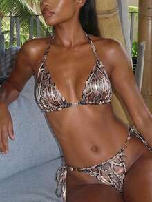 Vaytide Bộ đồ bơi bikini buộc cổ họa tiết da rắn 2025 cho nữ, đi biển mùa hè - Nhiều màu - Xem 3
