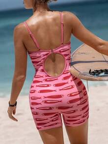 Swim SPRTY 1pc Random Print Drawstring Backless Boyshort Swimsuit, Summer - Multicolor - View 6
