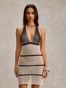 SHEIN Hollow Out Beachwear Cover Up Mini Dress - Black and White - View 3