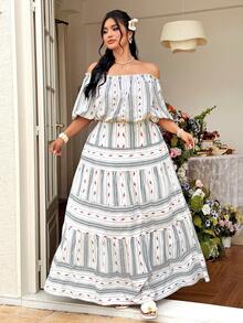 Celure Plus Size Women's Off-Shoulder Petal Sleeve Printed Striped A-Line Dress, Vacation Style - Multicolor - View 4