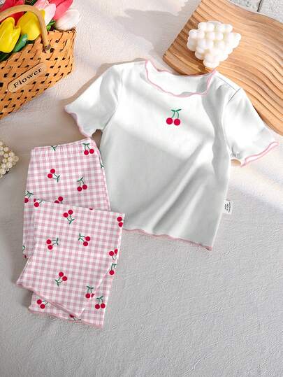 SHEIN Playful Pals 1 Set Baby Girls' Cherry Pattern Knit White Ruffle Collar Pullover T-Shirt And Plaid Pants Pajamas, 4 Seasons