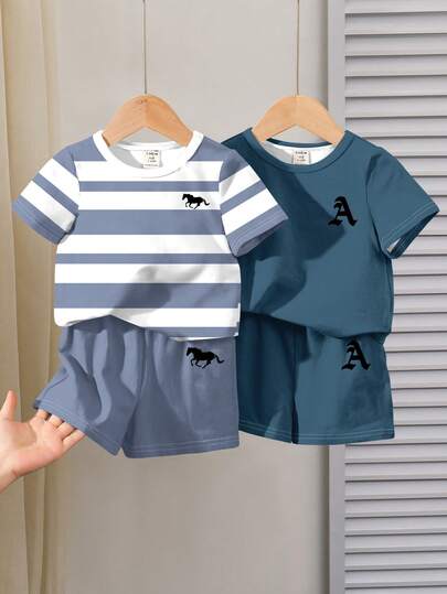 SHEIN 4pcs Baby Boy Casual T-Shirt Set, Suitable For Spring & Summer, Classic Striped, Small Logo, Horse Print, Letter A Print