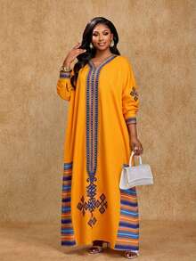 女士优雅派对圣诞新年派对收腰长裙图案印花条纹元素优雅连衣裙 - 黃色 - 查看 4