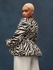 Vixey Zebra Print Woven Plunge Neck Balloon Sleeve Bubble Hem Peplum Top - Multicolor - View 3