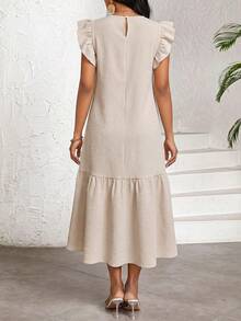SHEIN Lady 女士纯色圆领褶皱休闲派对旅行中长连衣裙 - 卡其色 - 查看 2
