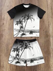 Manfinity RSRT Men's Casual Vacation Palm Tree Print T-Shirt Set, 2 Piece Outfit, Minimalist & Fashionable For Summer Outings - White - View 3