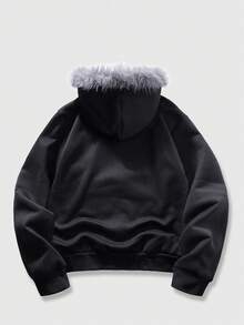 ROMWE MEN 男士休闲日常拉链抓绒连帽卫衣，秋冬款 - 黑色 - 查看 2