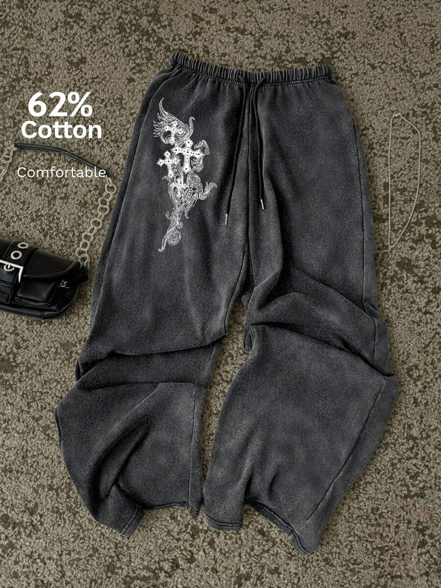 Women's Casual Low-Waist Straight Sweatpants, Suitable For Summer, Washed Effect - Black - View 1