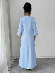 Elenzga Đầm dài tay xẻ tà thanh lịch dành cho nữ, phối nhiều dải ruy băng, thích hợp cho mùa xuân/hè. - Màu xanh nhạt - Xem 2