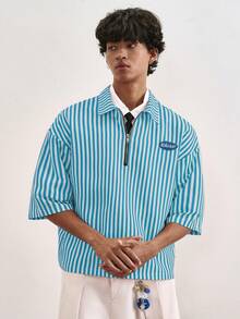 TOKVUE TOKUVE 男士休闲 Polo 衫，年轻时尚的拉链门襟 Polo 衫，简约休闲条纹面料，日常穿着，灵感源自 ，短袖翻领 T 恤/Polo 衫，适合音乐节、度假和日常穿搭，男士休闲衬衫，居家休闲，度假文化，可个性化定制，送给丈夫或男友的礼物 - 淺藍色 - 查看 4