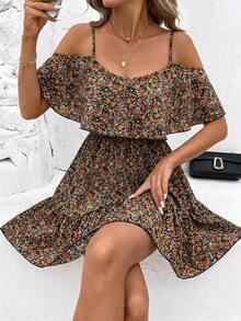 SHEIN Clasi 女士优雅棕色豹纹露肩荷叶边V领A字短裙 - 彩色 - 查看 6