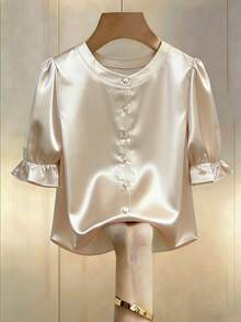Franclia 's Elegant Summer Beige Satin Round Neck Button-Down Shirt,Pleated Puff Sleeves Soft Drape Relaxed Fit Blouse For Tea Party,Work,Holiday - Apricot - View 4