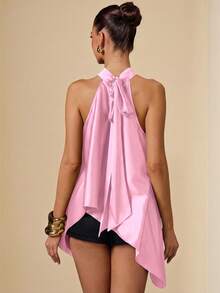 SHEIN BAE Olive Green Satin Halter Neck Backless Loose Maxi Dress, Suitable For Spring/Summer Vacation, Beach, Elegant Wedding Guest, Holiday, Autumn/Winter Evening Occasions, Christmas, Halloween - Baby Pink - View 2