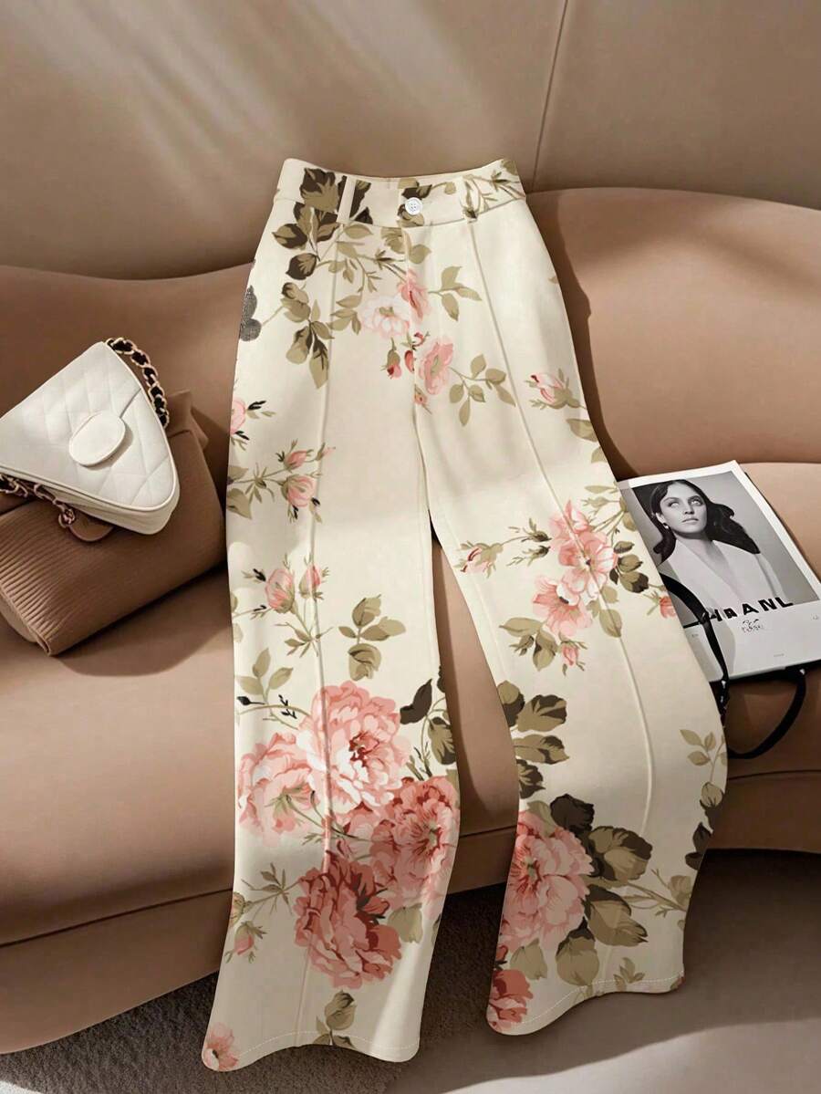 EMERY ROSE Plus Size Casual Vacation Romantic Rose Print Pants - Multicolor - View 1