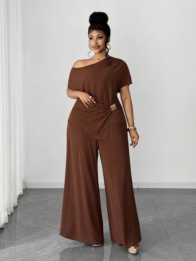 Maweii Conjunto de 2 piezas para mujer talla grande: Blusa con bajo asimétrico y pantalones de pierna ancha - Café integral - Añade 6