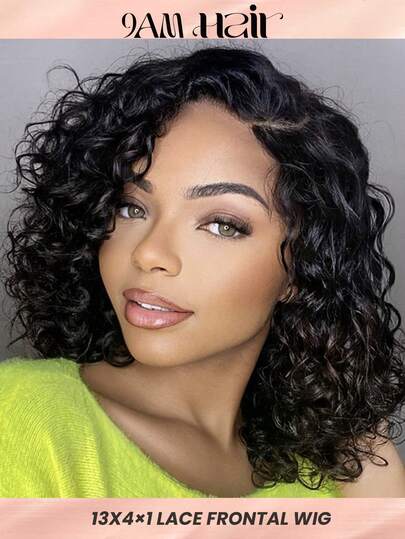 13*4*1 深卷曲蕾丝前假发，真人发短款波波头假发，预先拔毛并带有婴儿发，女士水洗假发