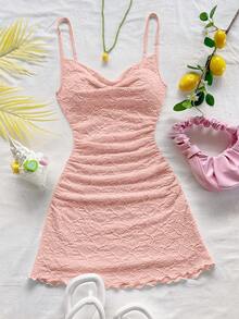 Soleia Spaghetti Strap Ruched Backless Mini Dress, Light Yellow, Suitable For Holiday, Date, Valentine's Day, Afternoon Tea, Vacation, Music Festival, Bohemian - Pink - View 3