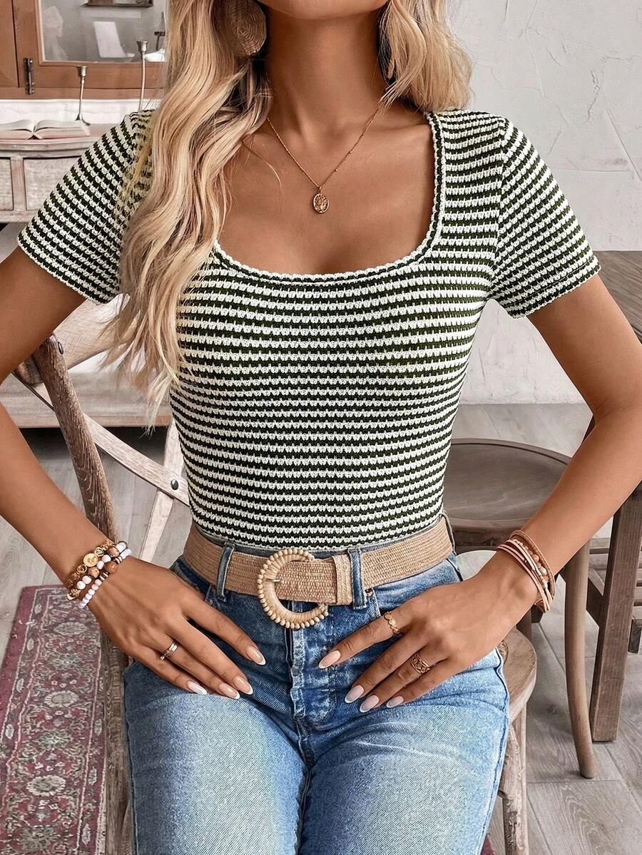 SHEIN Frenchy Áo thun nữ cơ bản tối giản, phối sọc và khối màu, xếp ly. - màu xanh lá - Xem 1