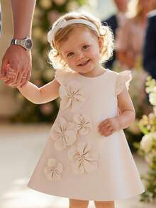 SHEIN Vestido elegante de color púrpura para niñas pequeñas para el verano, con decoración floral 3D y mangas con volantes, ligero y adecuado para uso casual, vacaciones y uso diario - Albaricoque - Ver 4