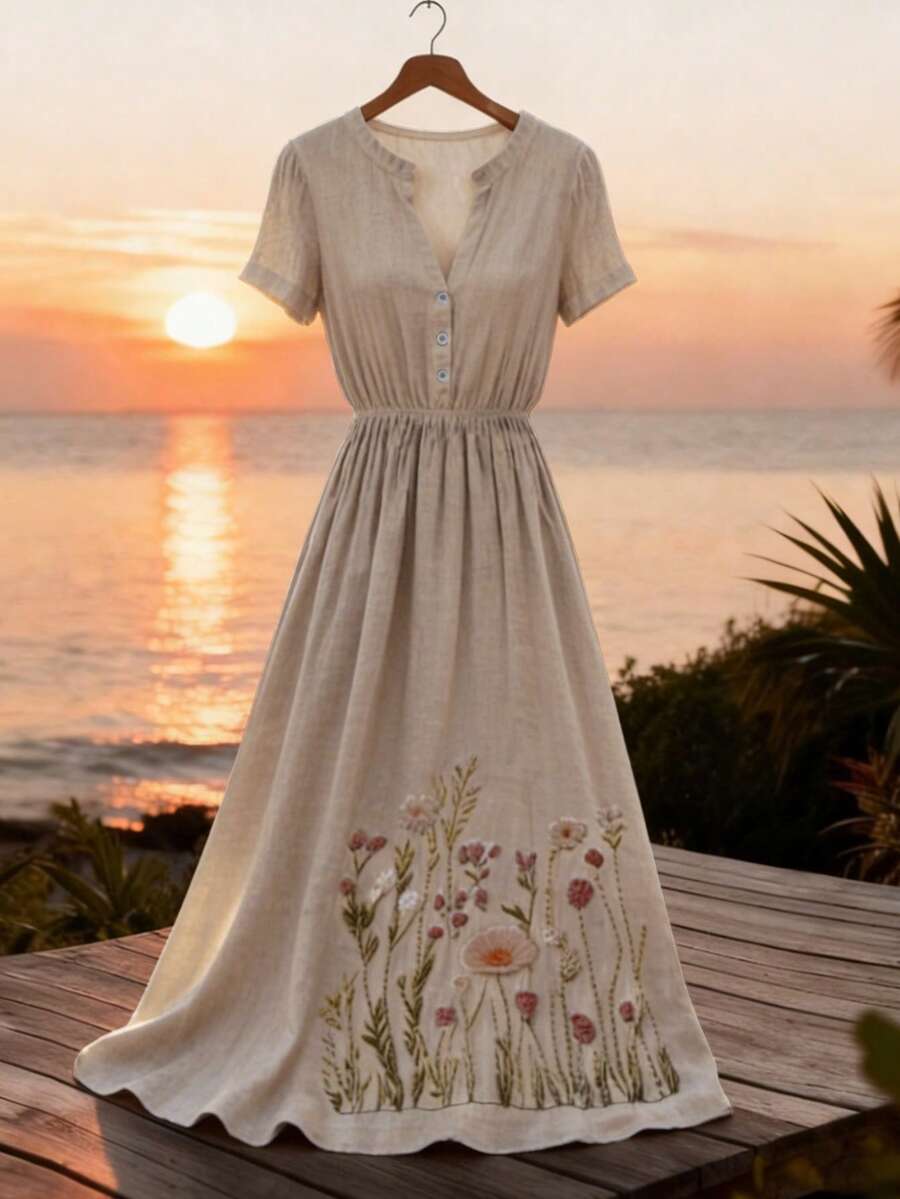 GlowEve CURVE 大码女士优雅休闲V领束腰纽扣亚麻长裙，适合日常通勤 - 卡其色 - 查看 1