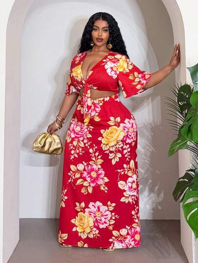 Veslaya Plus Size Women Floral Print Ruched Hollow-Out Fashion Party Dress, Suitable For Summer