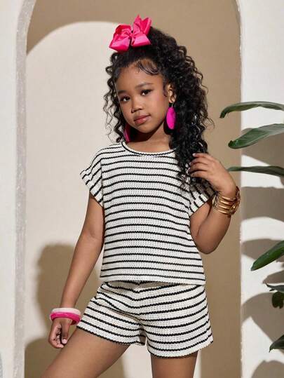 SHEIN 2pcs/Set Tween Girls Asymmetric Textured Striped Cropped Camisole Top And Shorts Set, Casual Vacation Home Y2K Style